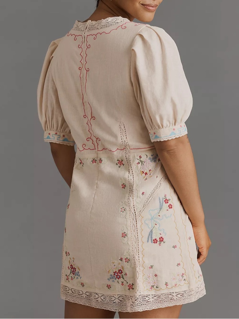 NWOT By Anthropologie Linen Blend Puff-Sleeve V-Neck Mini Dress Size 14 - Picture 2 of 16